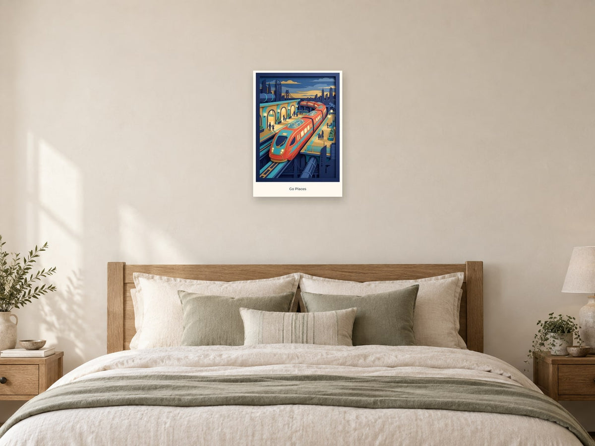 Go Places — City of Tomorrow Children’s Art Print at A2, as a poster, above a bed