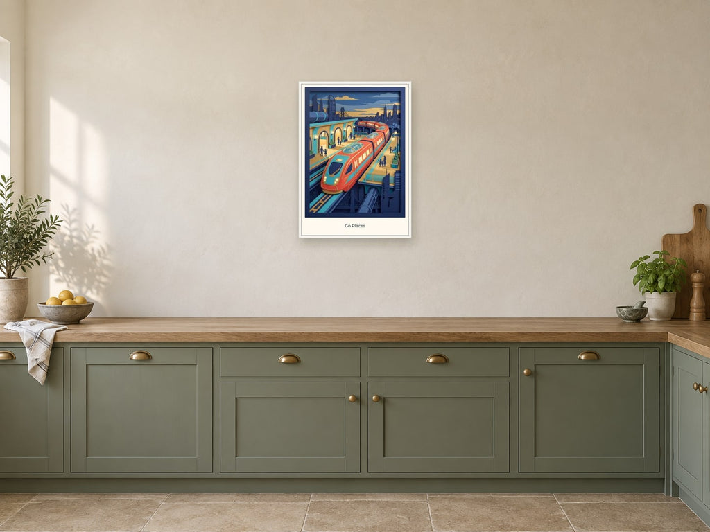 Go Places — City of Tomorrow Children’s Art Print at A2, in a white frame, in a kitchen