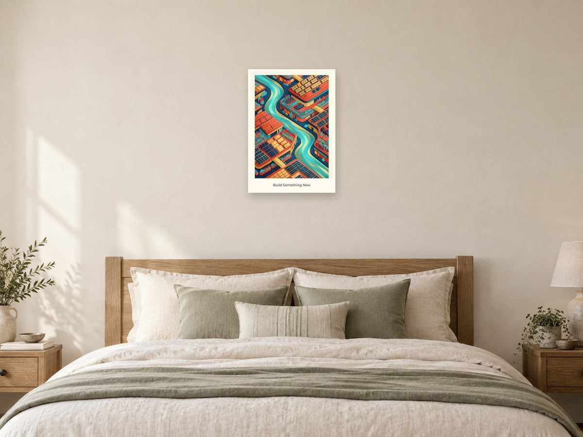 Build Something New — City of Tomorrow Children’s Art Print at A2, as a poster, above a bed