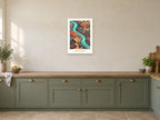 Build Something New — City of Tomorrow Children’s Art Print at A2, in a white frame, in a kitchen