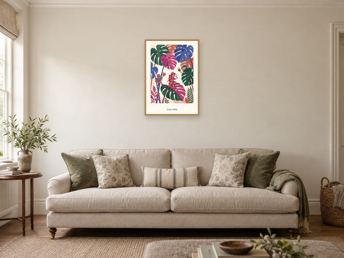 Grow Wild — Botanical Explorers Children’s Art Print at A2, in a natural wood frame, in a sitting room