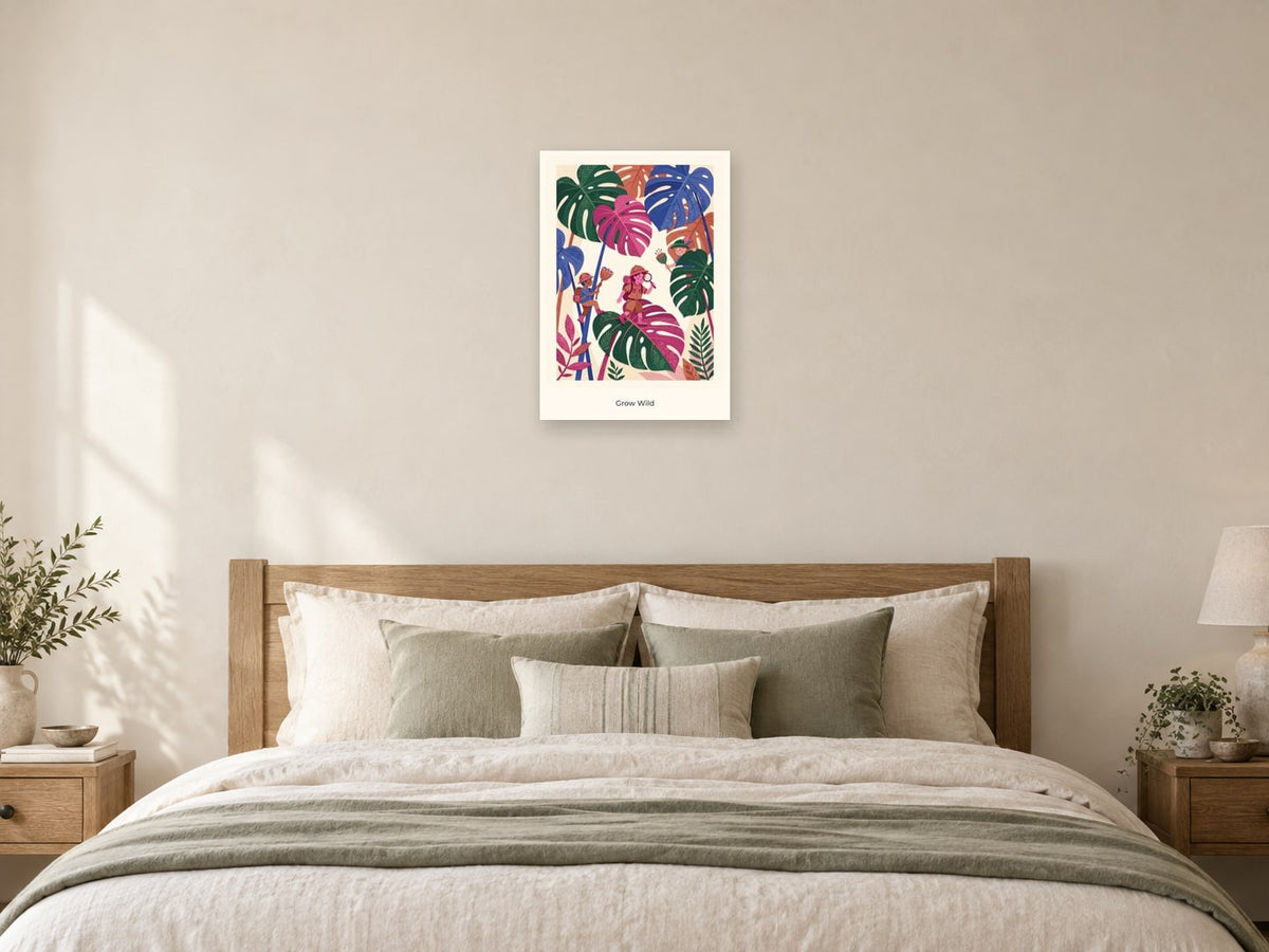 Grow Wild — Botanical Explorers Children’s Art Print at A2, as a poster, above a bed