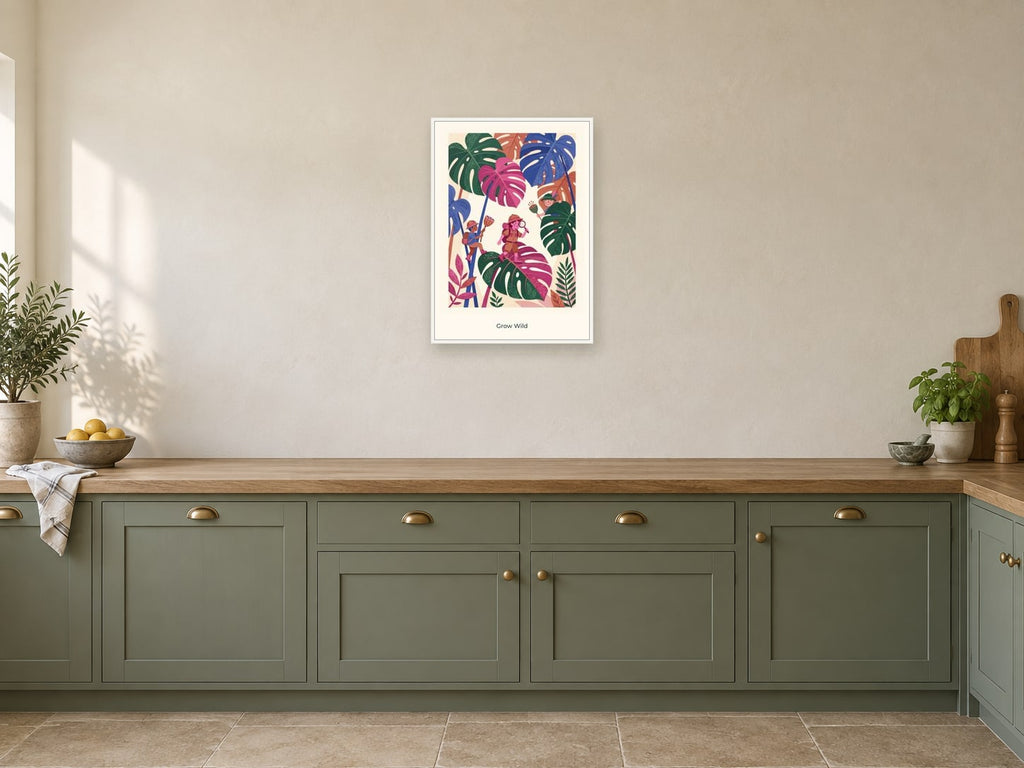 Grow Wild — Botanical Explorers Children’s Art Print at A2, in a white frame, in a kitchen