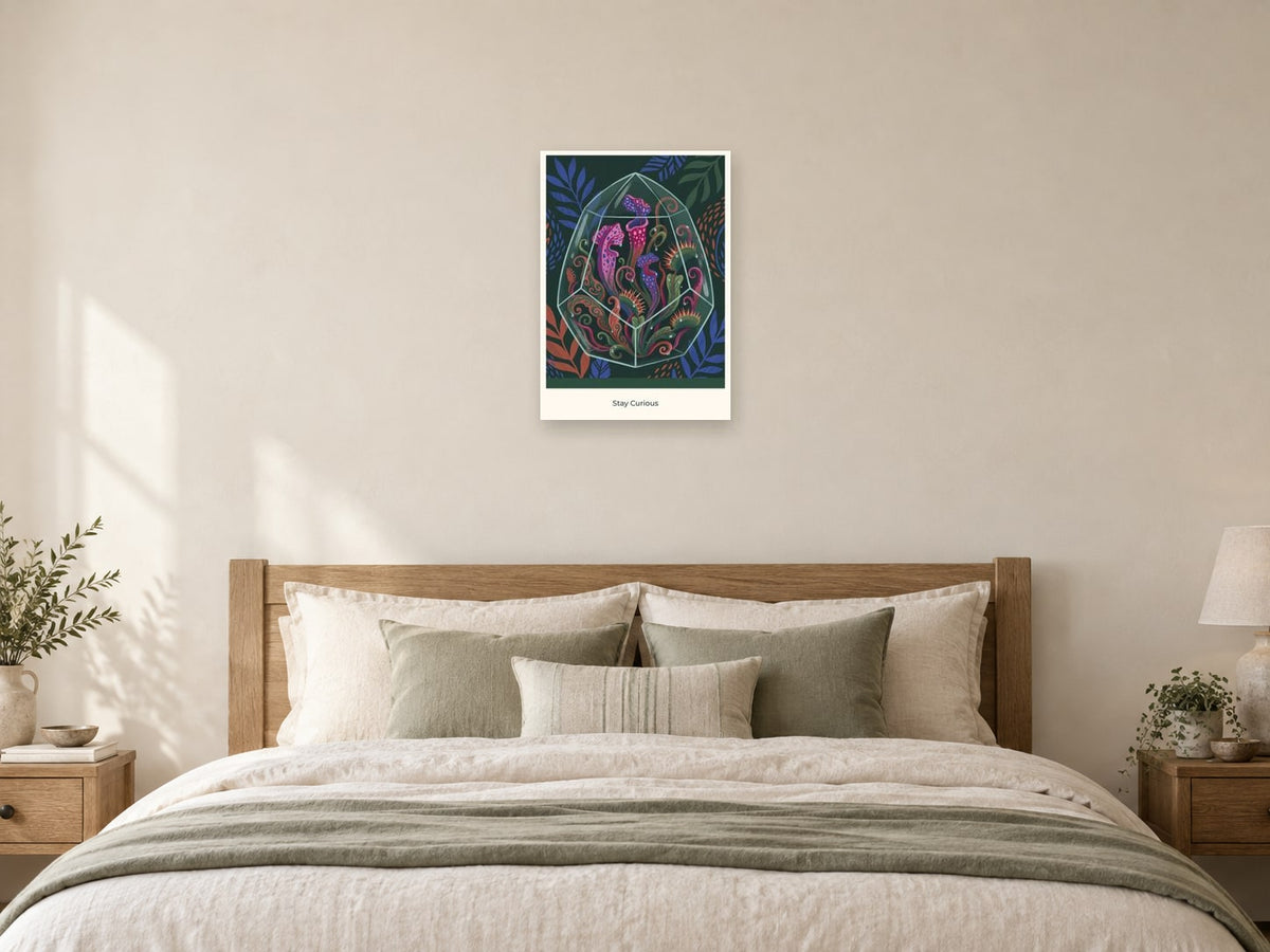 Stay Curious — Botanical Explorers Children’s Art Print at A2, as a poster, above a bed