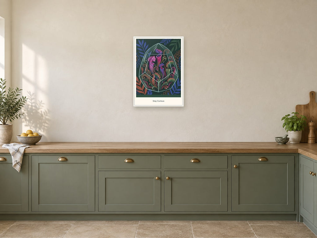 Stay Curious — Botanical Explorers Children’s Art Print at A2, in a white frame, in a kitchen