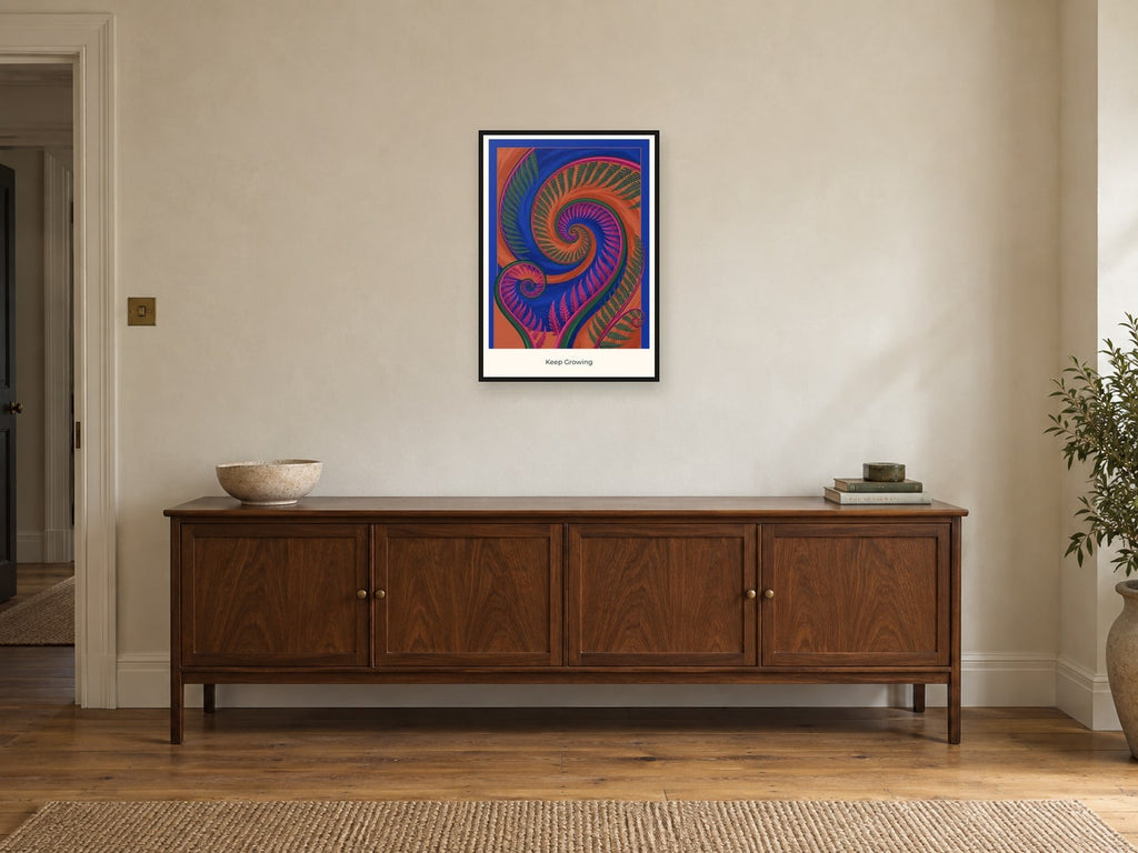 Keep Growing — Botanical Explorers Children’s Art Print at A2, in a black frame, above a sideboard