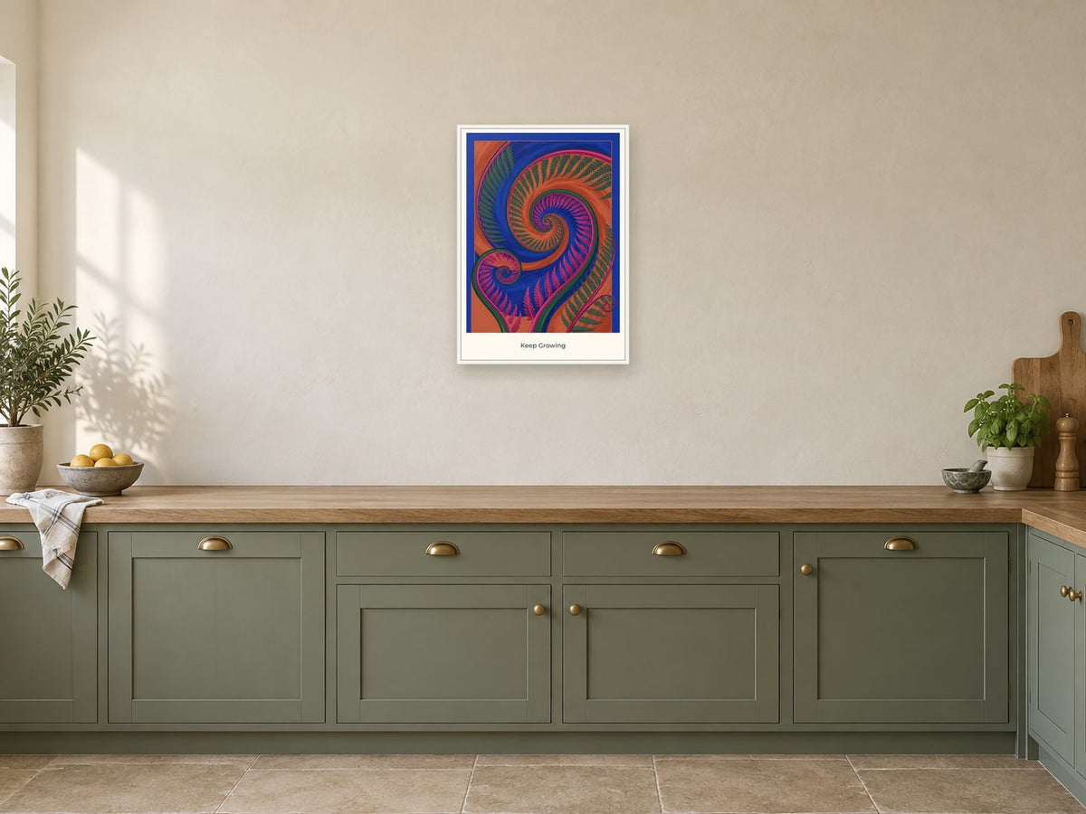 Keep Growing — Botanical Explorers Children’s Art Print at A2, in a white frame, in a kitchen