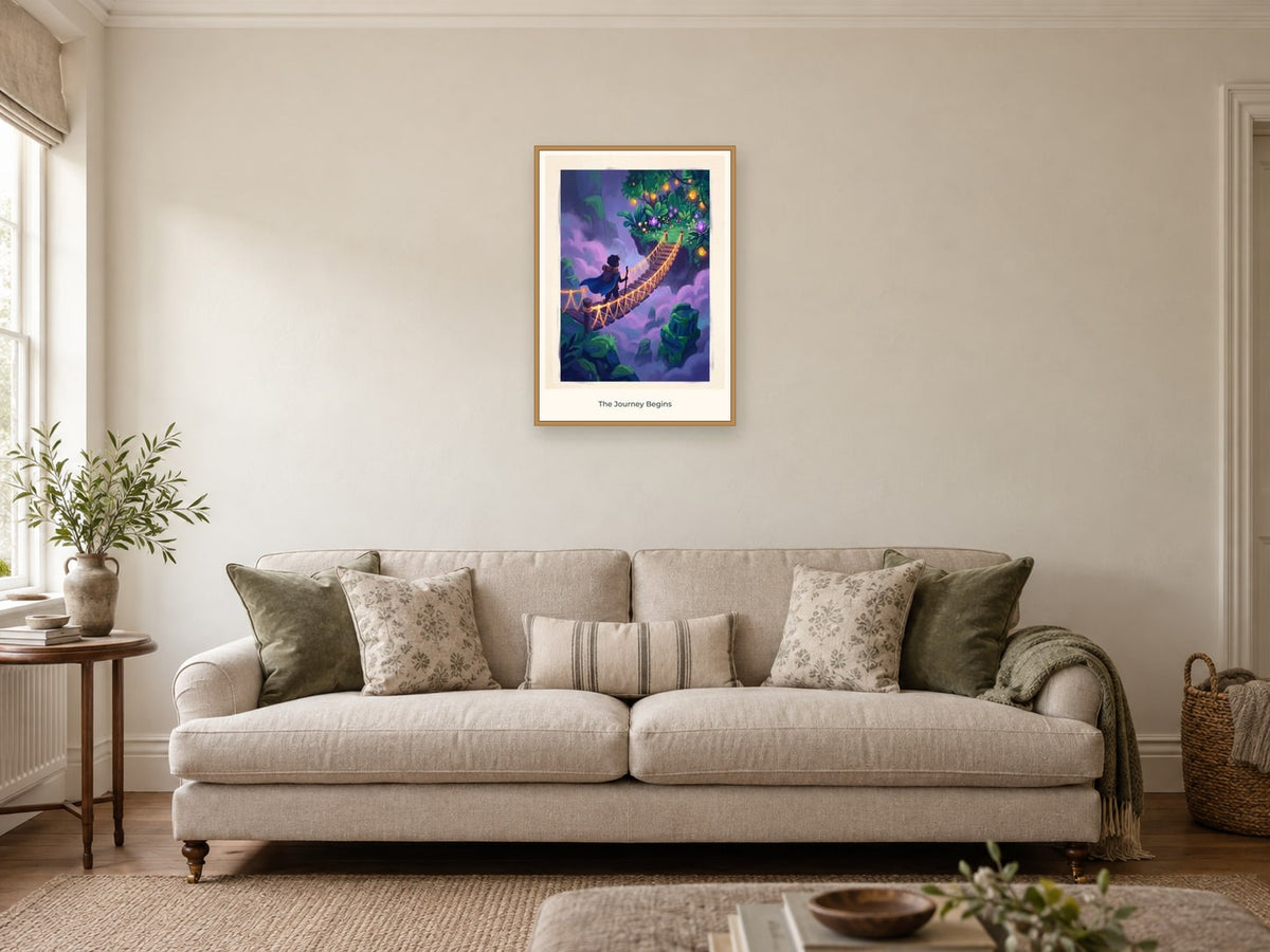 The Journey Begins — Quest Beyond Children’s Art Print at A2, in a natural wood frame, in a sitting room