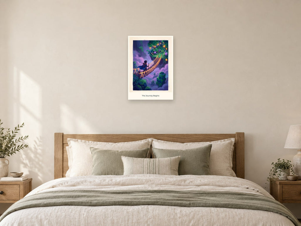 The Journey Begins — Quest Beyond Children’s Art Print at A2, as a poster, above a bed