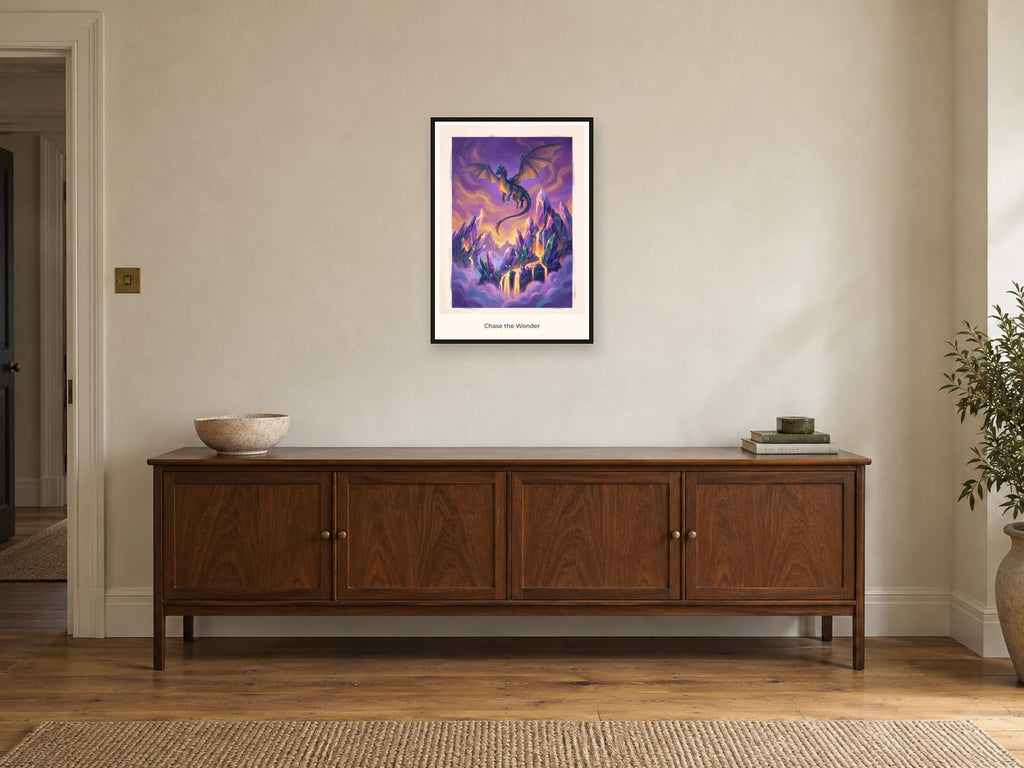Chase the Wonder — Quest Beyond Children’s Art Print at A2, in a black frame, above a sideboard