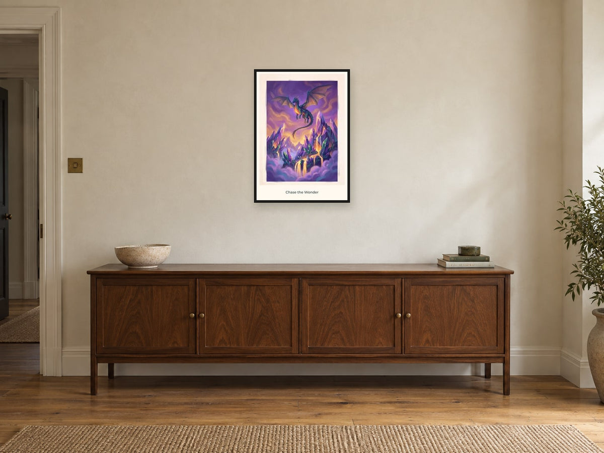 Chase the Wonder — Quest Beyond Children’s Art Print at A2, in a black frame, above a sideboard