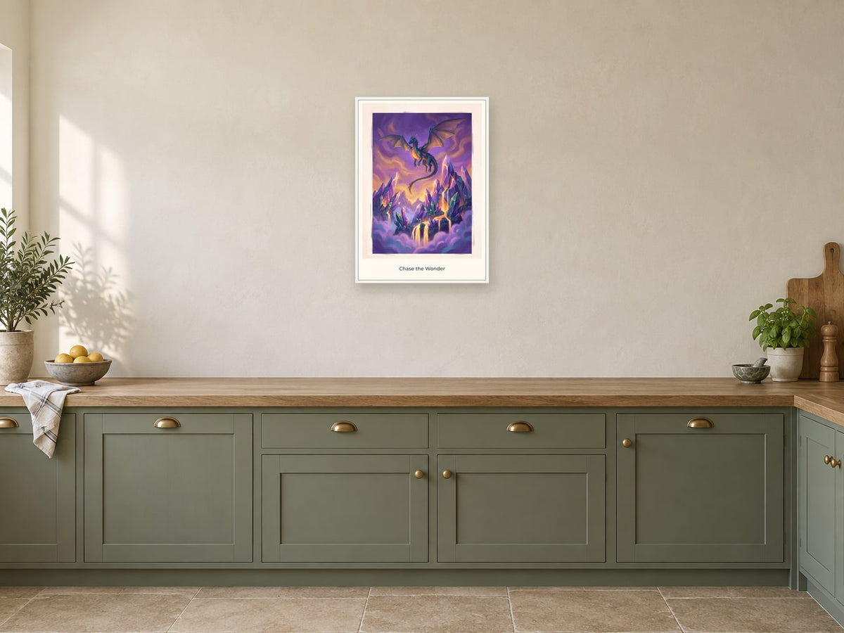 Chase the Wonder — Quest Beyond Children’s Art Print at A2, in a white frame, in a kitchen