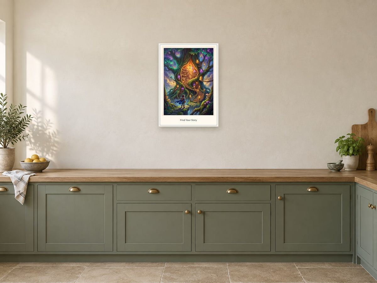 Find Your Story — Quest Beyond Children’s Art Print at A2, in a white frame, in a kitchen