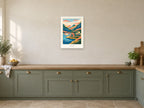 Go Further — Adventure Atlas Children’s Art Print at A2, in a white frame, in a kitchen