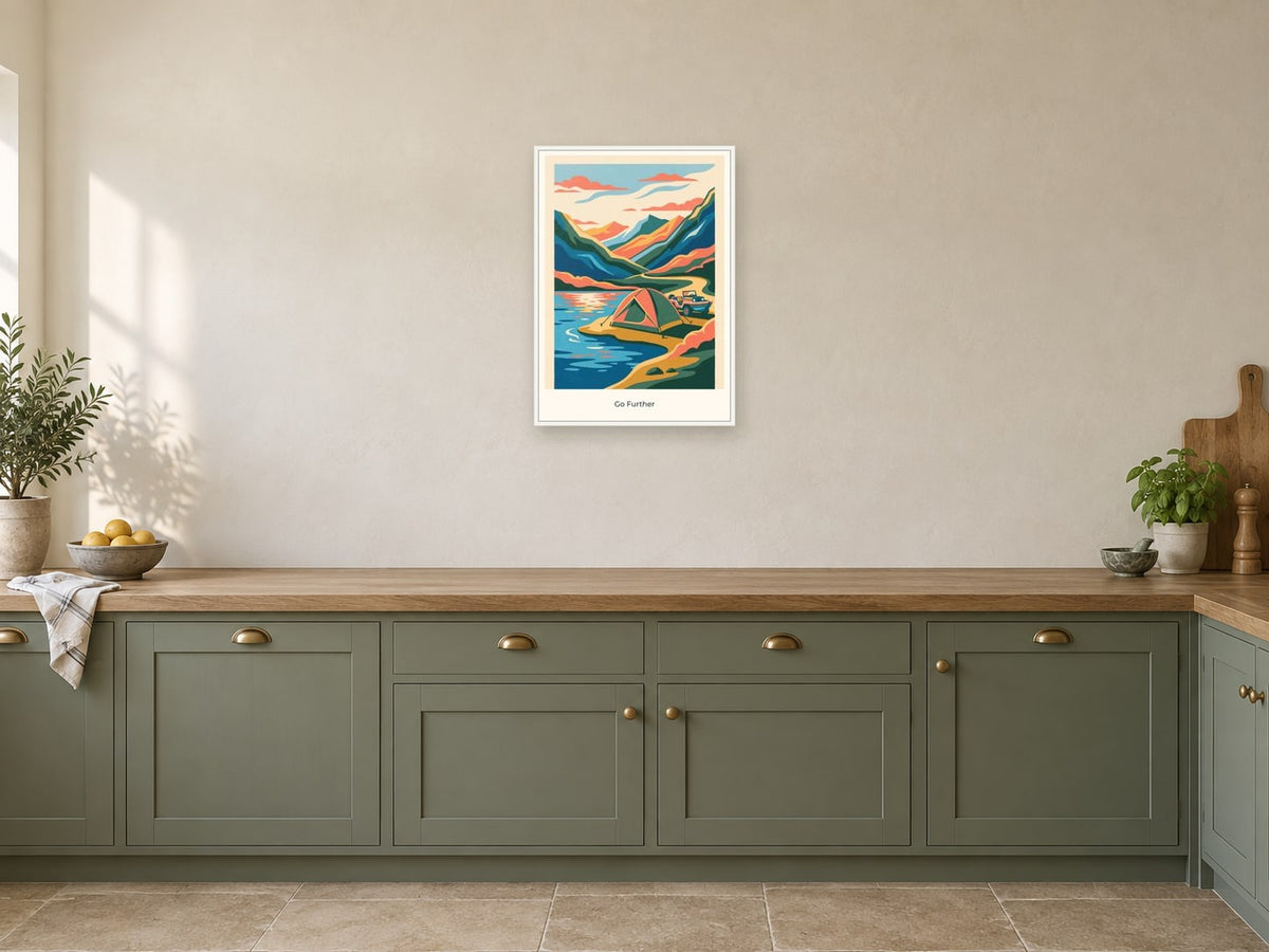 Go Further — Adventure Atlas Children’s Art Print at A2, in a white frame, in a kitchen