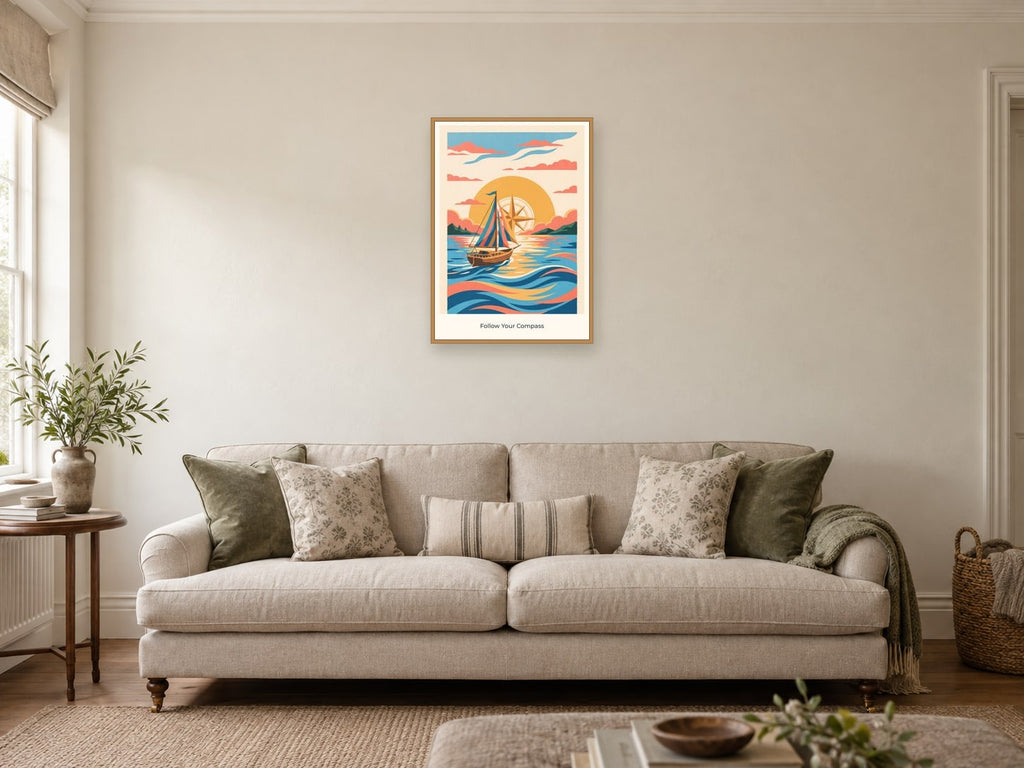 Follow Your Compass — Adventure Atlas Children’s Art Print at A2, in a natural wood frame, in a sitting room
