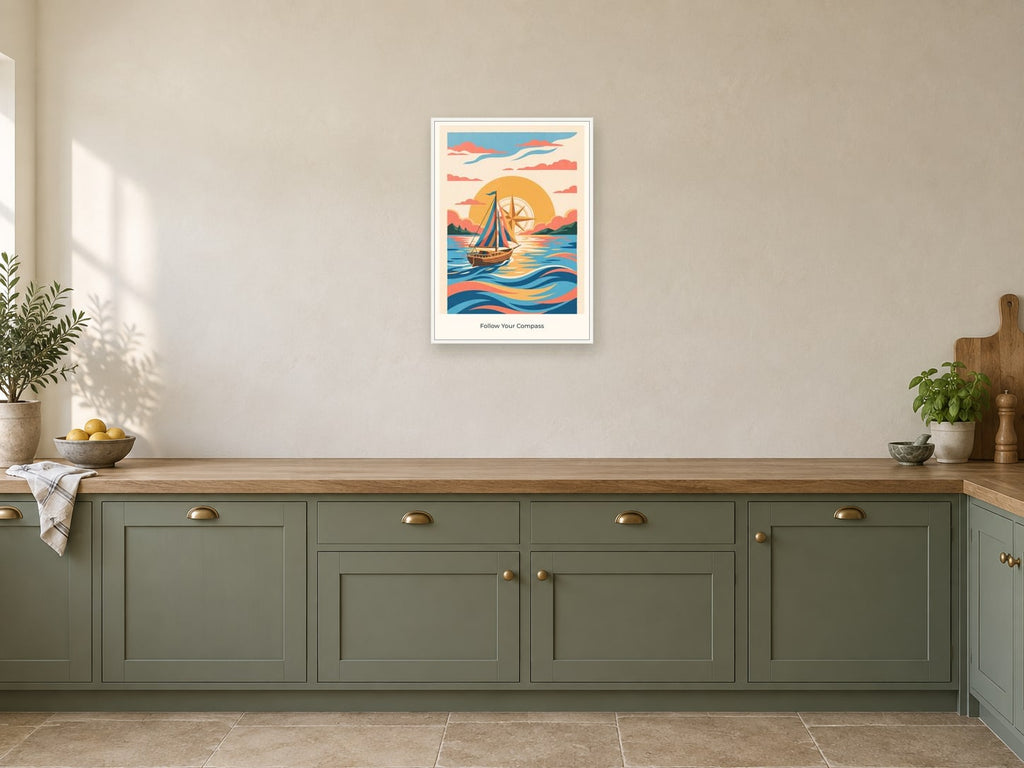 Follow Your Compass — Adventure Atlas Children’s Art Print at A2, in a white frame, in a kitchen