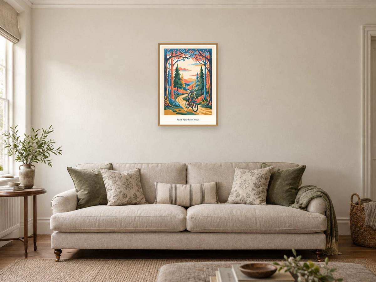 Take Your Own Path — Adventure Atlas Children’s Art Print at A2, in a natural wood frame, in a sitting room