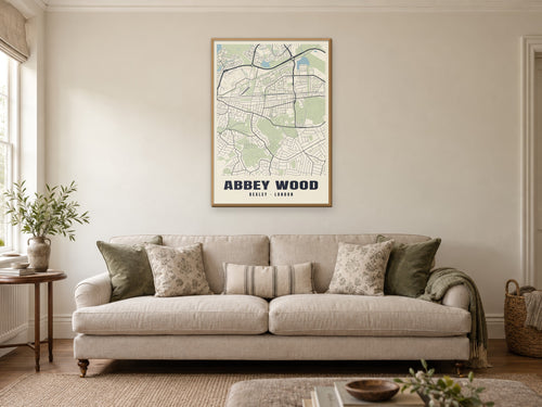 Abbey Wood Heritage Street Map Poster at A1, in a natural wood frame, in a sitting room