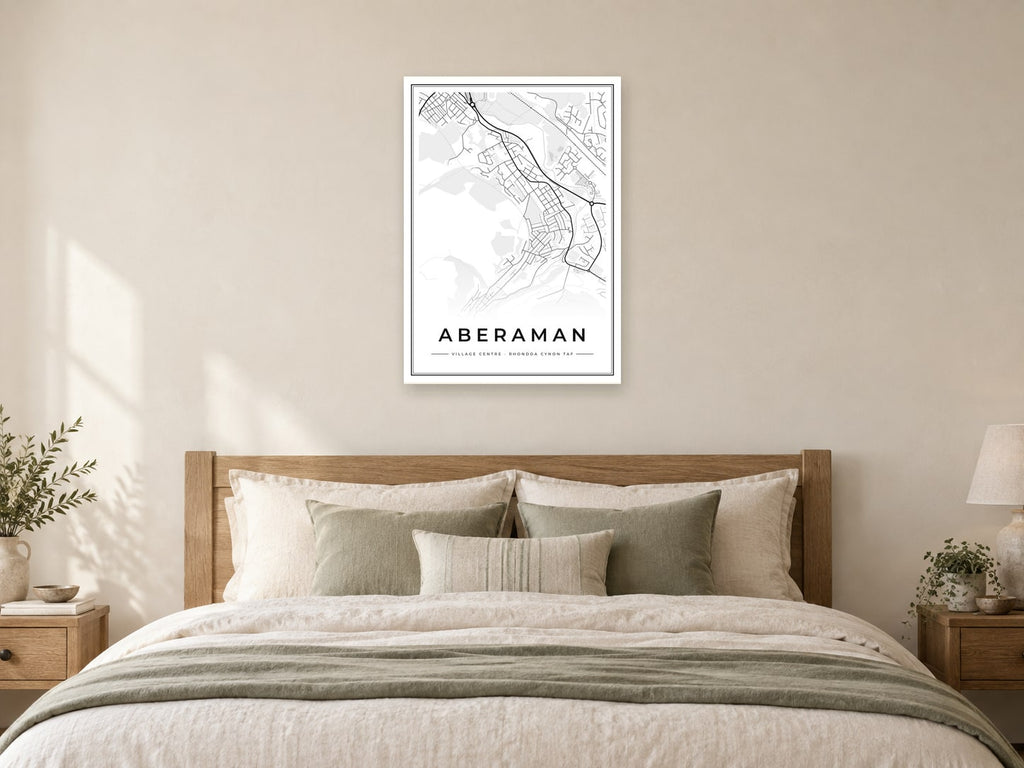 Aberaman Village Centre Street Map Poster at A1, as a poster, above a bed