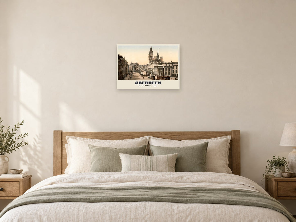 Castle Street, Aberdeen, 1890s Heritage Print at A2, as a poster, above a bed
