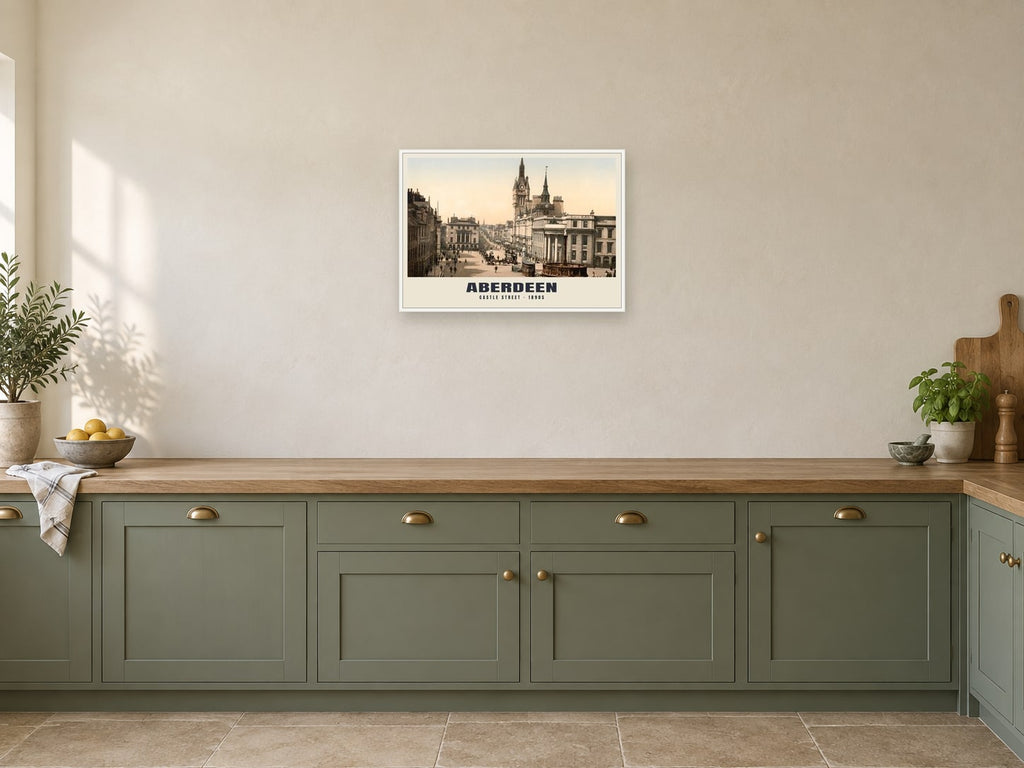 Castle Street, Aberdeen, 1890s Heritage Print at A2, in a white frame, in a kitchen