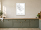 Abertillery Town Centre Street Map Poster at A1, in a white frame, in a kitchen