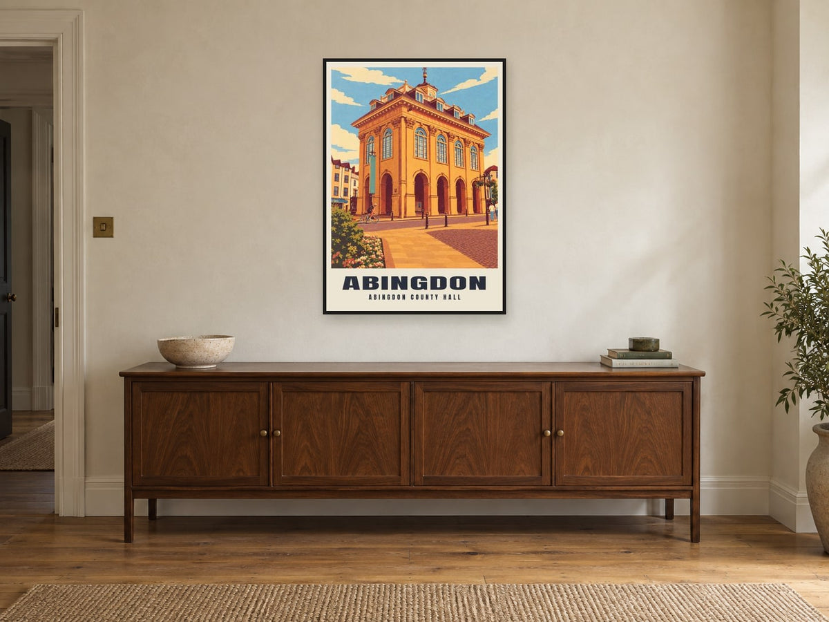 Abingdon County Hall Poster at A1, in a black frame, above a sideboard