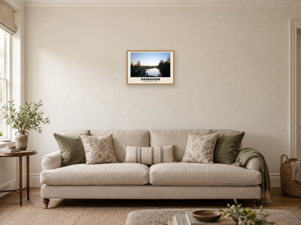 Riverside view, Abingdon, 1990 Heritage Print at A3, in a natural wood frame, in a sitting room