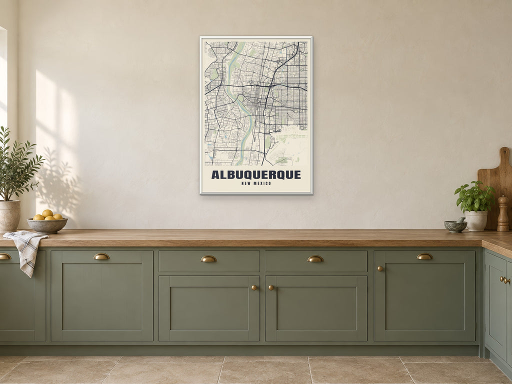 Albuquerque Street Map Poster at A1, in a white frame, in a kitchen