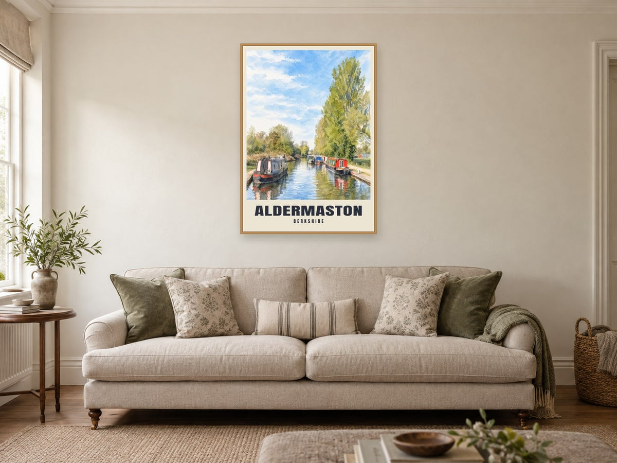 Aldermaston Wharf Poster at A1, in a natural wood frame, in a sitting room