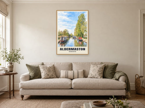 Aldermaston Wharf Poster at A1, in a natural wood frame, in a sitting room