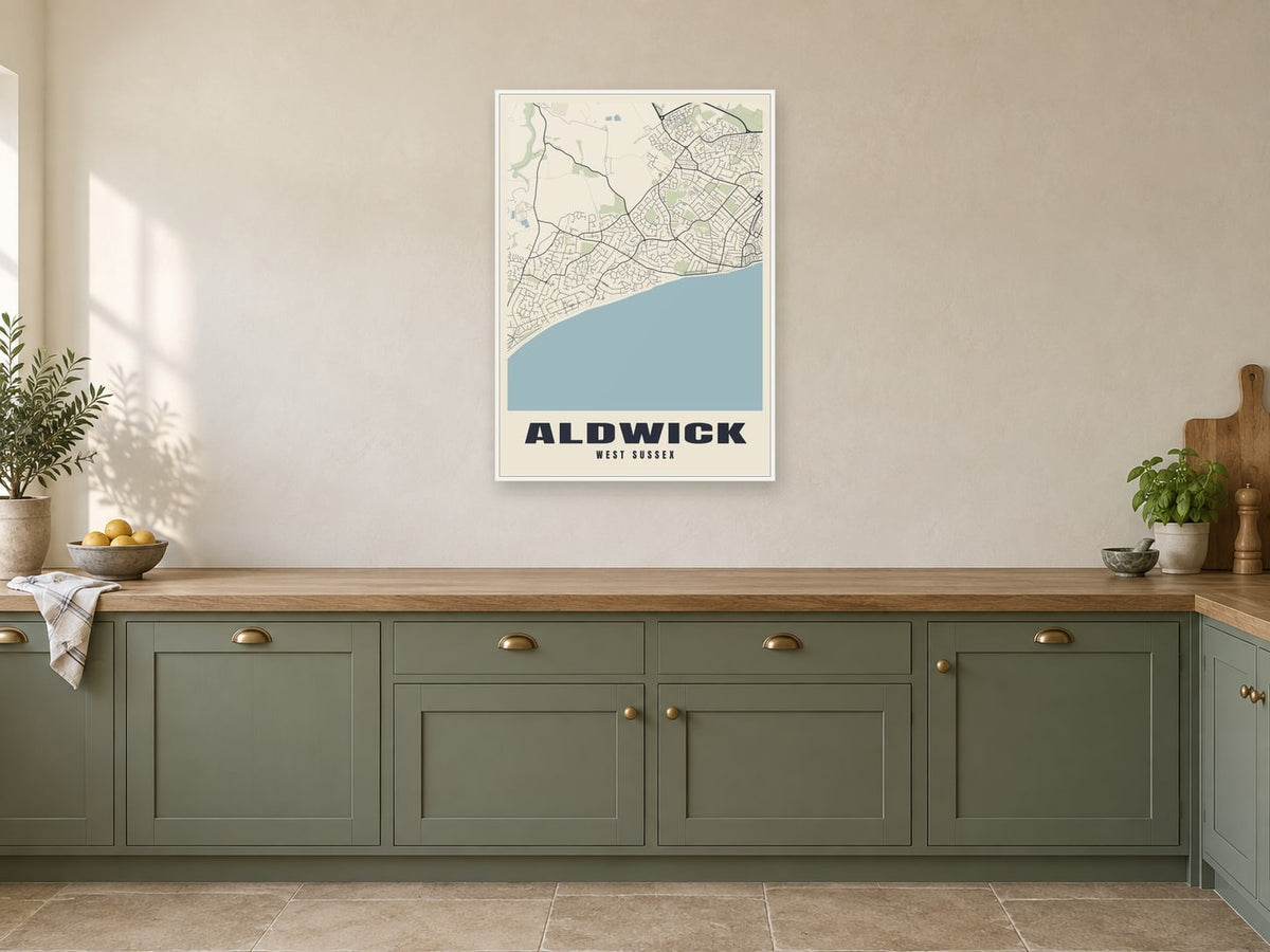 Aldwick Street Map Poster at A1, in a white frame, in a kitchen