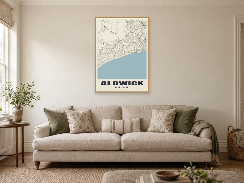 Aldwick Street Map Poster at A1, in a natural wood frame, in a sitting room
