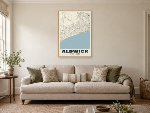 Aldwick Street Map Poster at A1, in a natural wood frame, in a sitting room