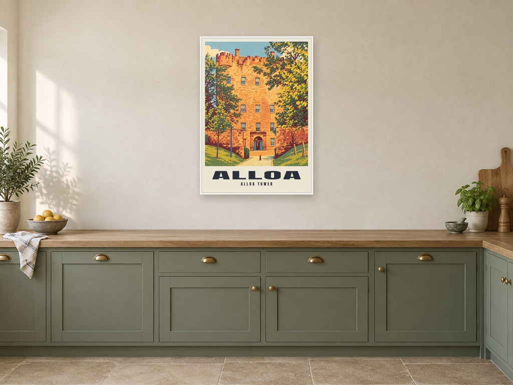 Alloa Tower Poster at A1, in a white frame, in a kitchen