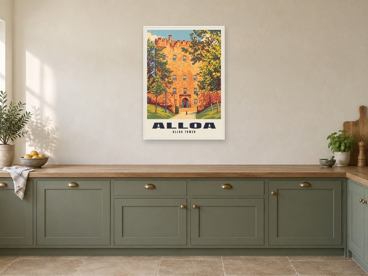 Alloa Tower Poster at A1, in a white frame, in a kitchen