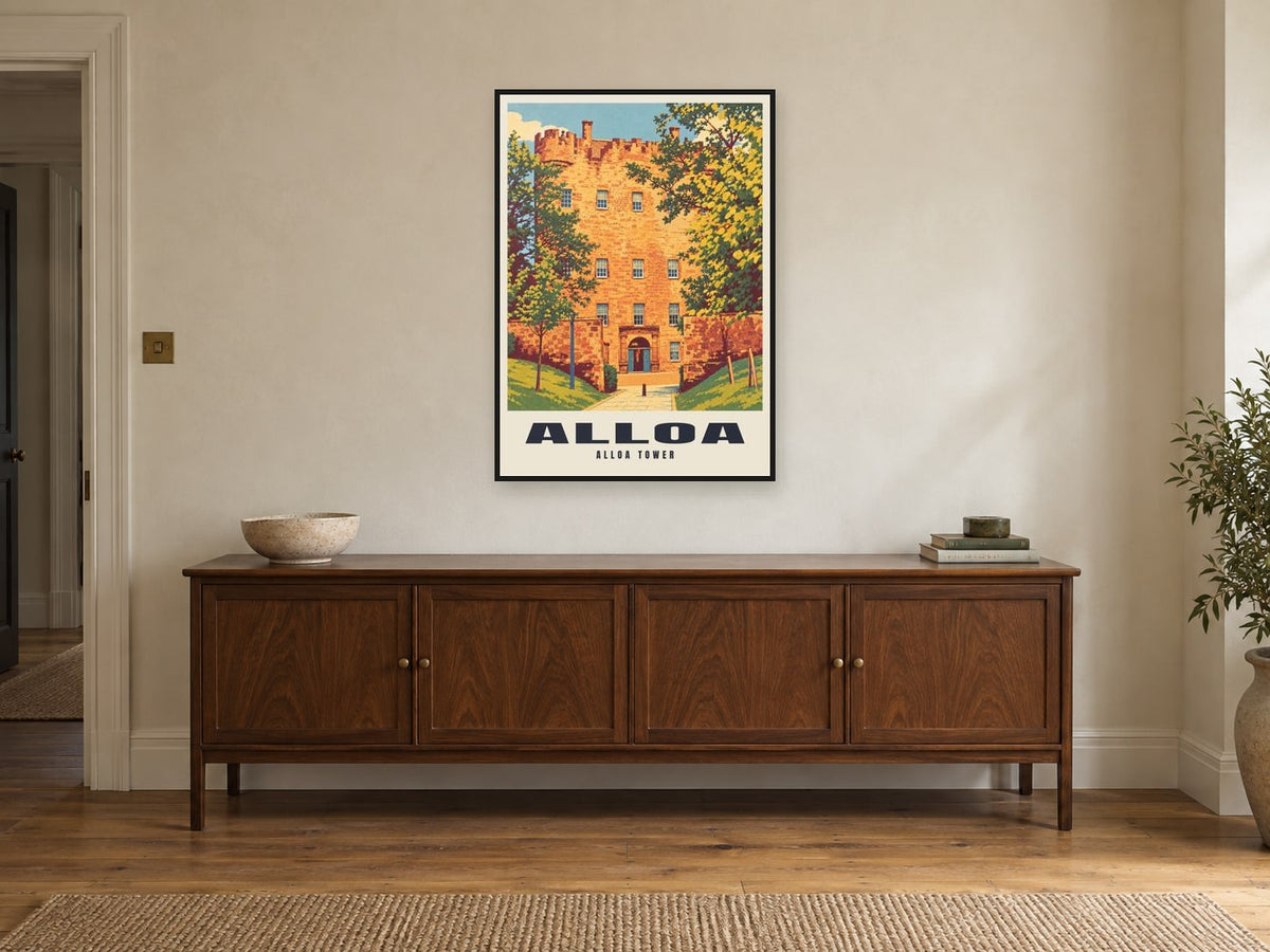 Alloa Tower Poster at A1, in a black frame, above a sideboard