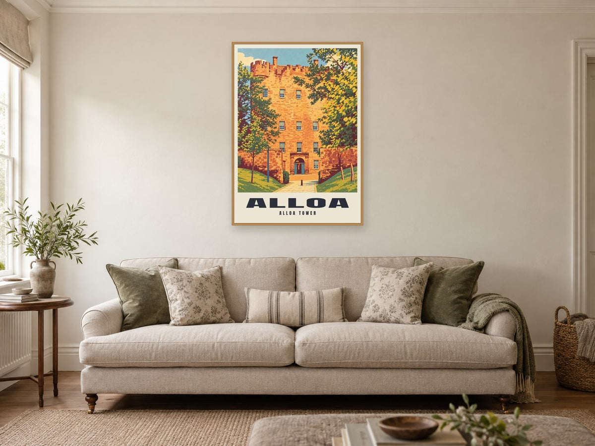 Alloa Tower Poster at A1, in a natural wood frame, in a sitting room