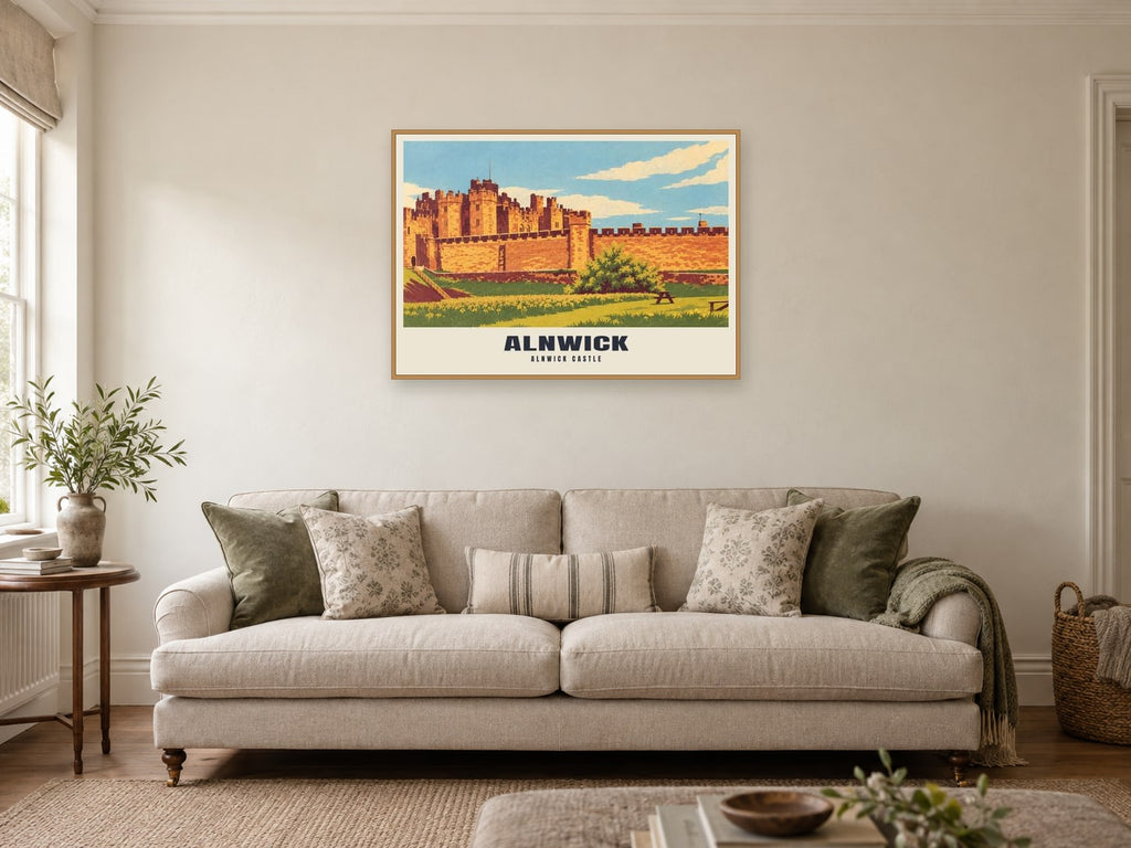 Alnwick Castle Poster at A1, in a natural wood frame, in a sitting room