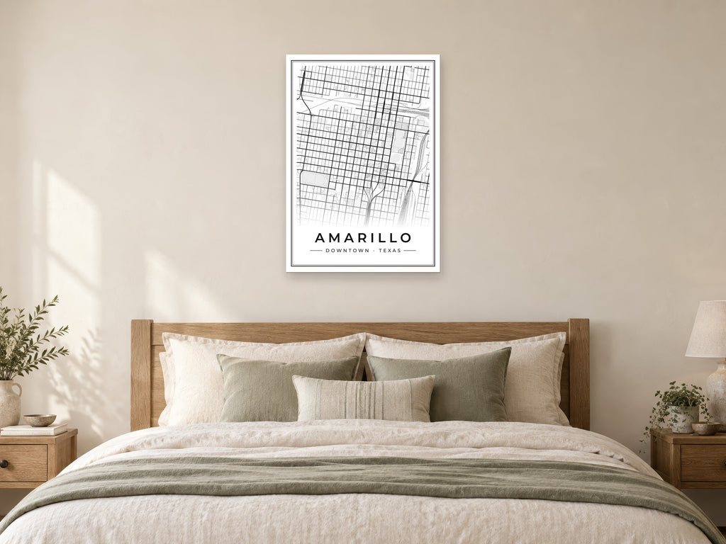 Amarillo Downtown Street Map Poster at A1, as a poster, above a bed