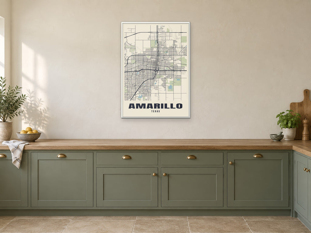 Amarillo Street Map Poster at A1, in a white frame, in a kitchen