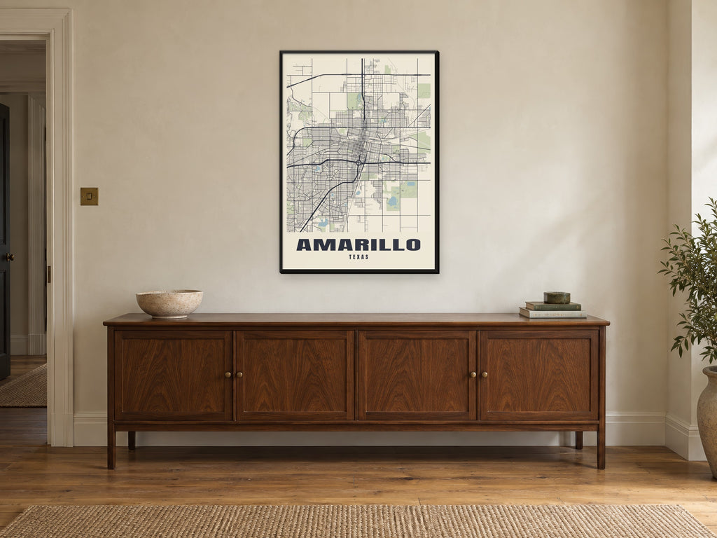 Amarillo Street Map Poster at A1, in a black frame, above a sideboard