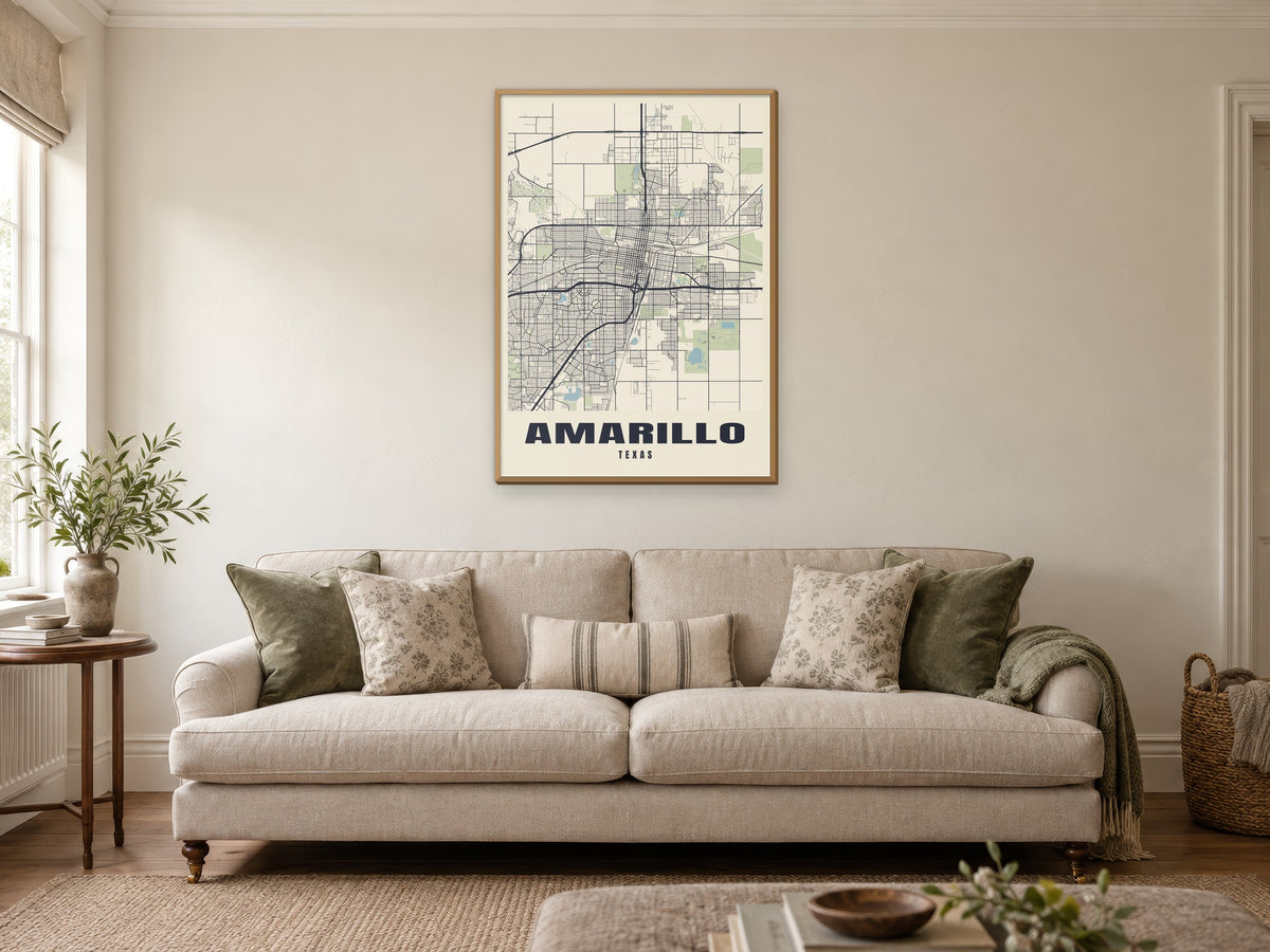 Amarillo Street Map Poster at A1, in a natural wood frame, in a sitting room