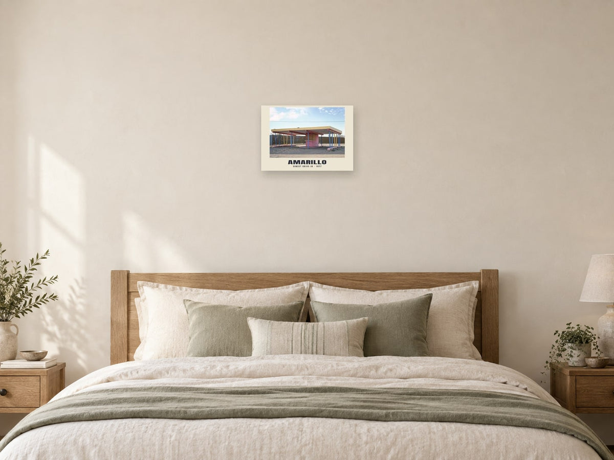 Sunset Drive-In, Amarillo, Texas — 1977 · Historic photograph print at A3, as a poster, above a bed