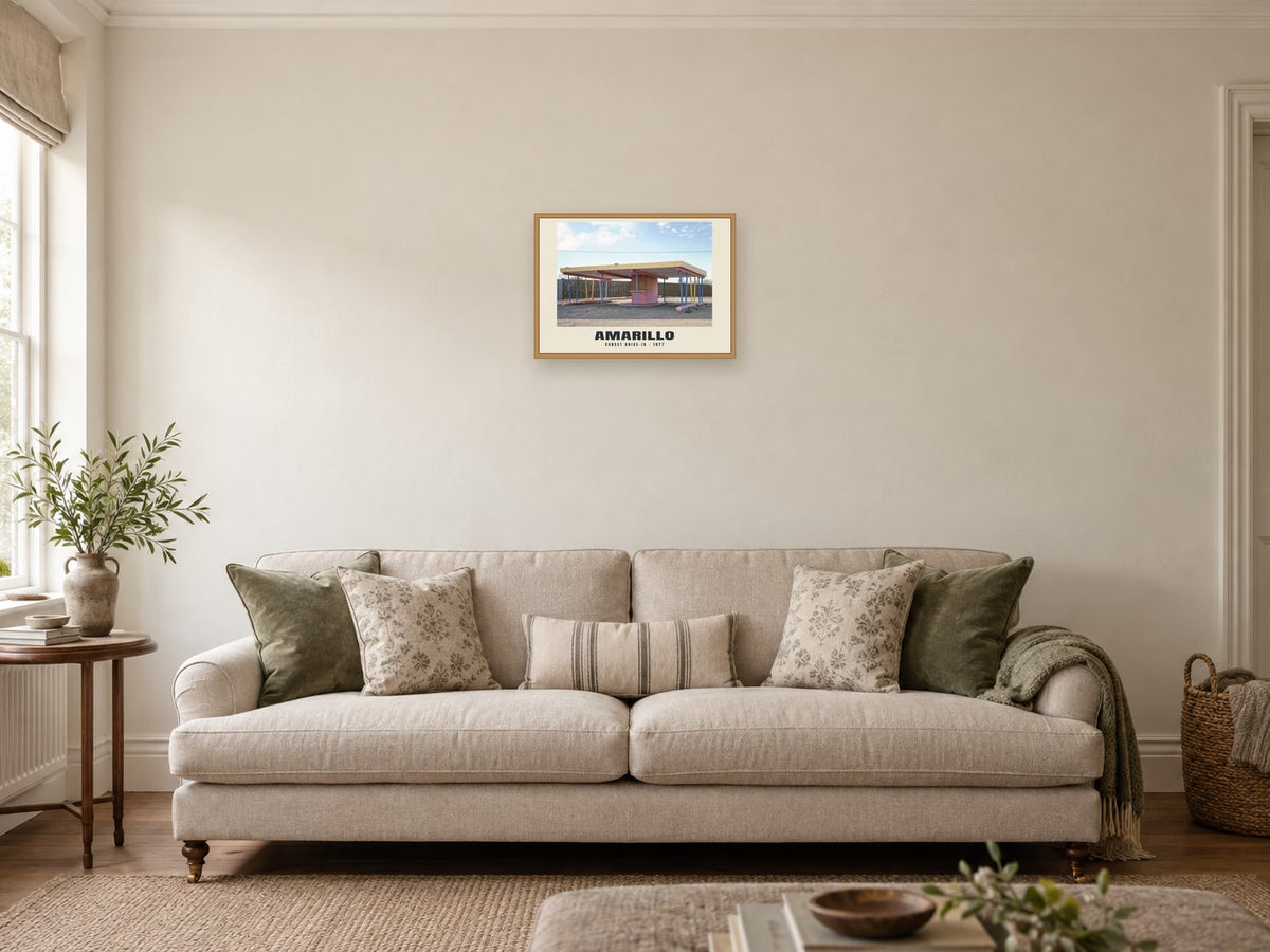 Sunset Drive-In, Amarillo, Texas — 1977 · Historic photograph print at A3, in a natural wood frame, in a sitting room