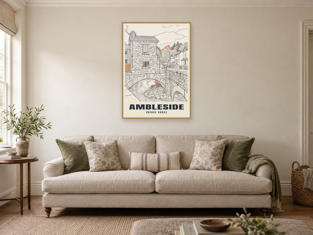 Bridge House, Ambleside Poster at A1, in a natural wood frame, in a sitting room