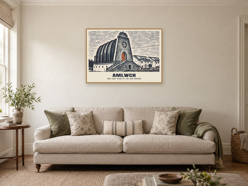 Our Lady Star of the Sea Church, Amlwch Poster at A1, in a natural wood frame, in a sitting room