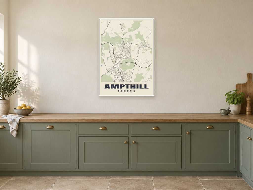 Ampthill Street Map Poster at A1, in a white frame, in a kitchen