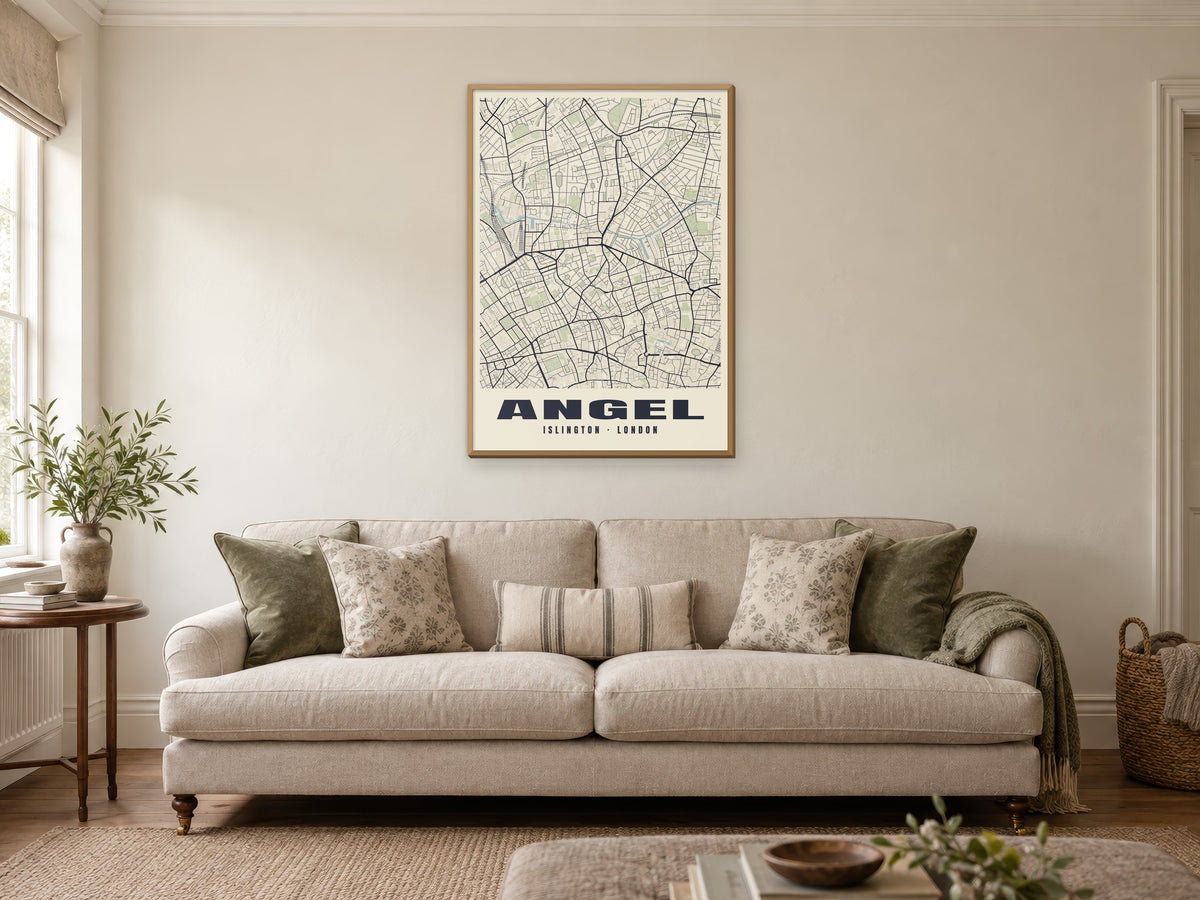 Angel Heritage Street Map Poster at A1, in a natural wood frame, in a sitting room